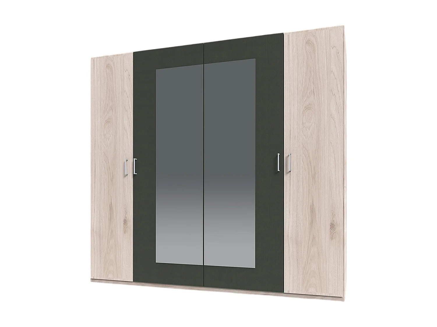Armoire avec miroir de 4 portes coloris Imitation chêne Hickory rechampis graphite - Longueur 225 x Hauteur 210 x Profondeur  58 cm