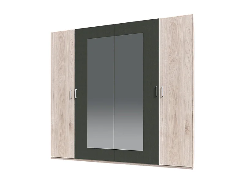 Armoire avec miroir de 4 portes coloris Imitation chêne Hickory rechampis graphite - Longueur 225 x Hauteur 210 x Profondeur  58 cm