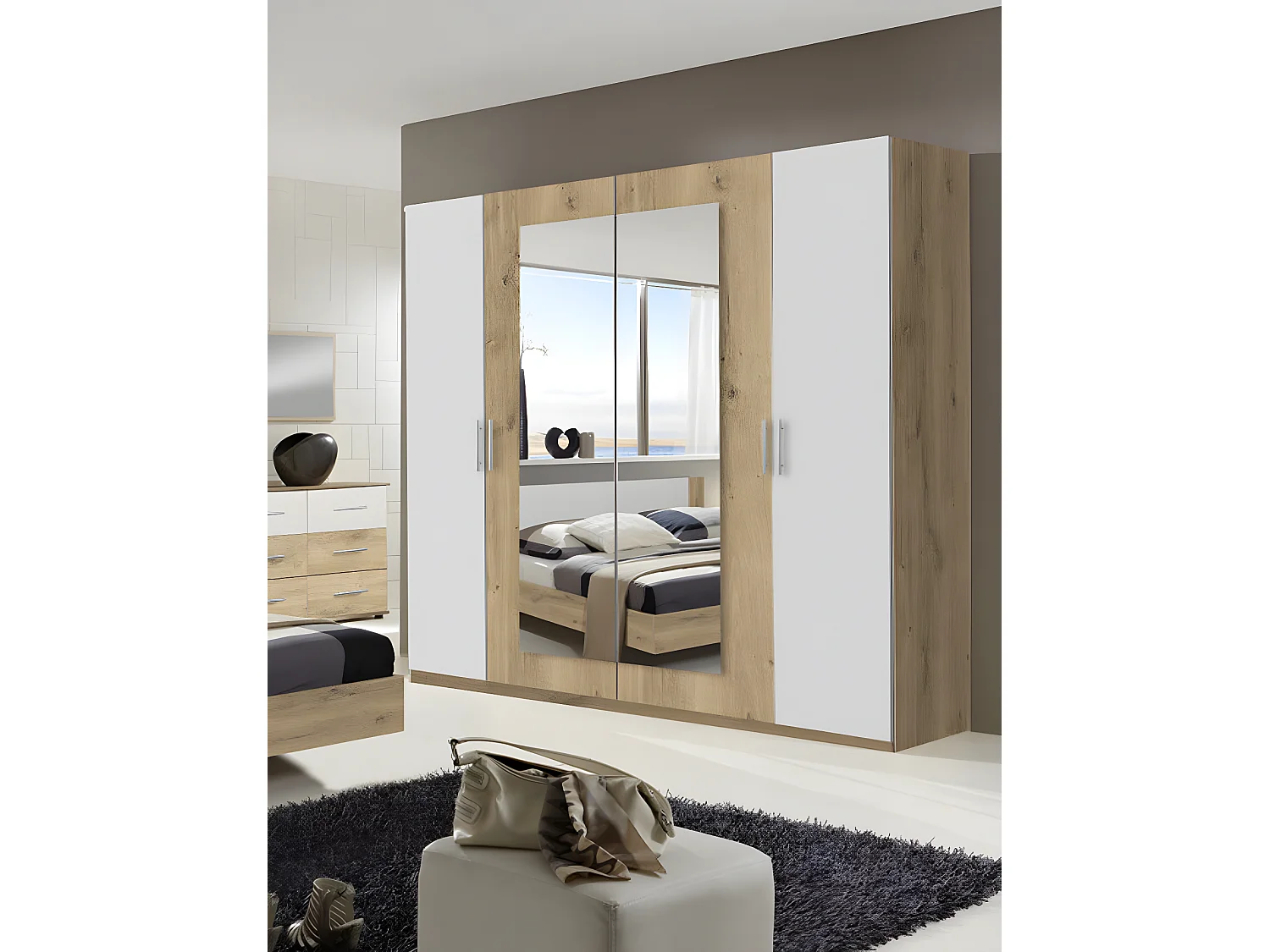 Armoire placard meuble de rangement coloris imitation chêne poutre/blanc