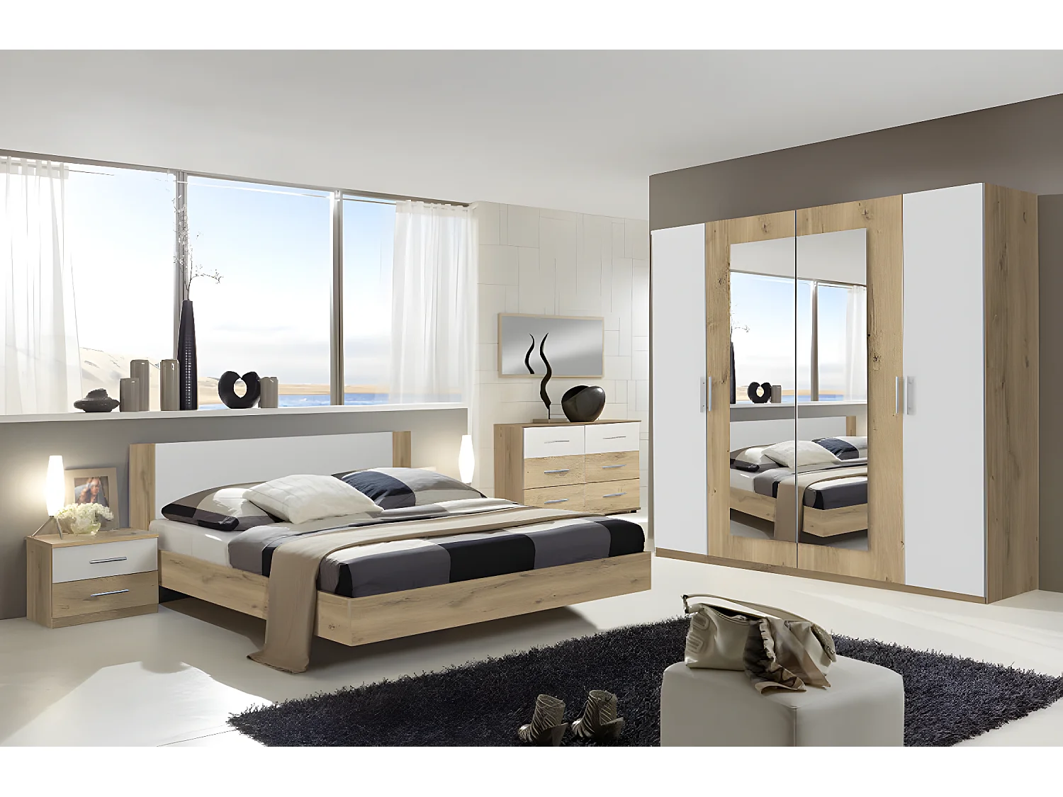 Armoire placard meuble de rangement coloris imitation chêne poutre/blanc