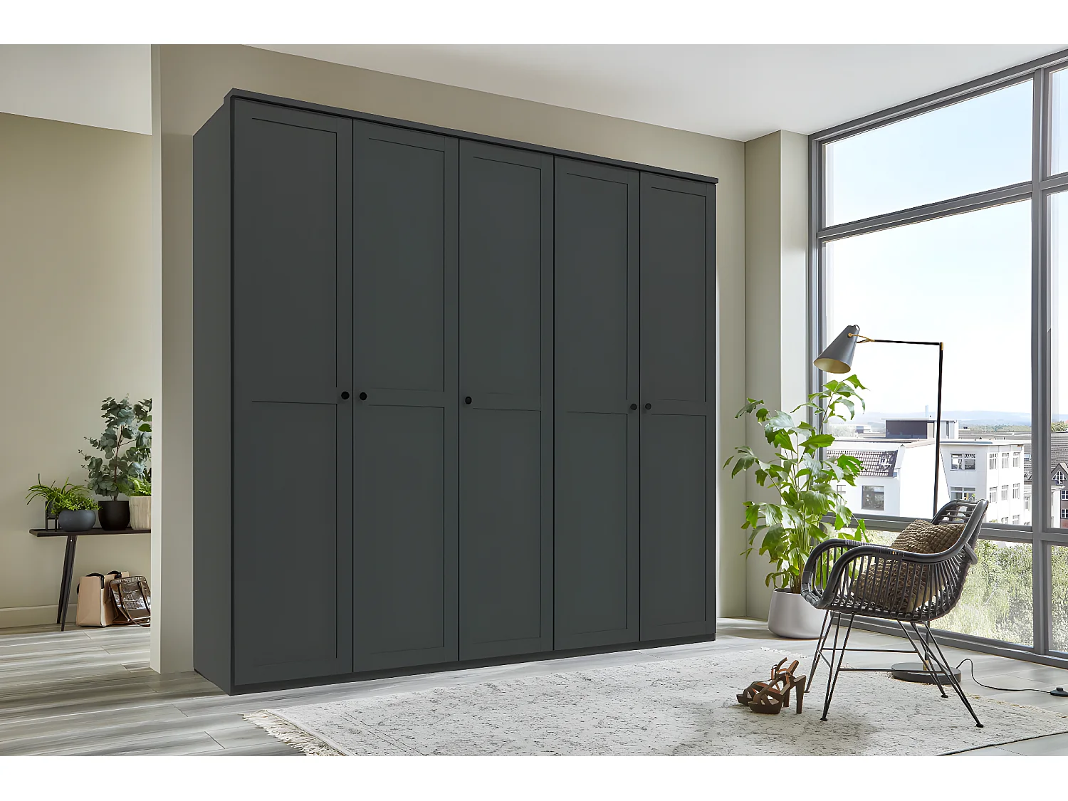 Armoire, placard avec corniche coloris Graphite - L. 225 x H. 210 x P. 58 cm