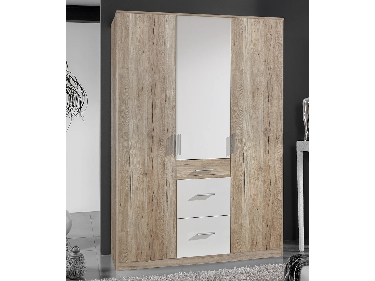 Armoire Placard, meuble de rangement Imitation chêne San Remo, rechampis blanc