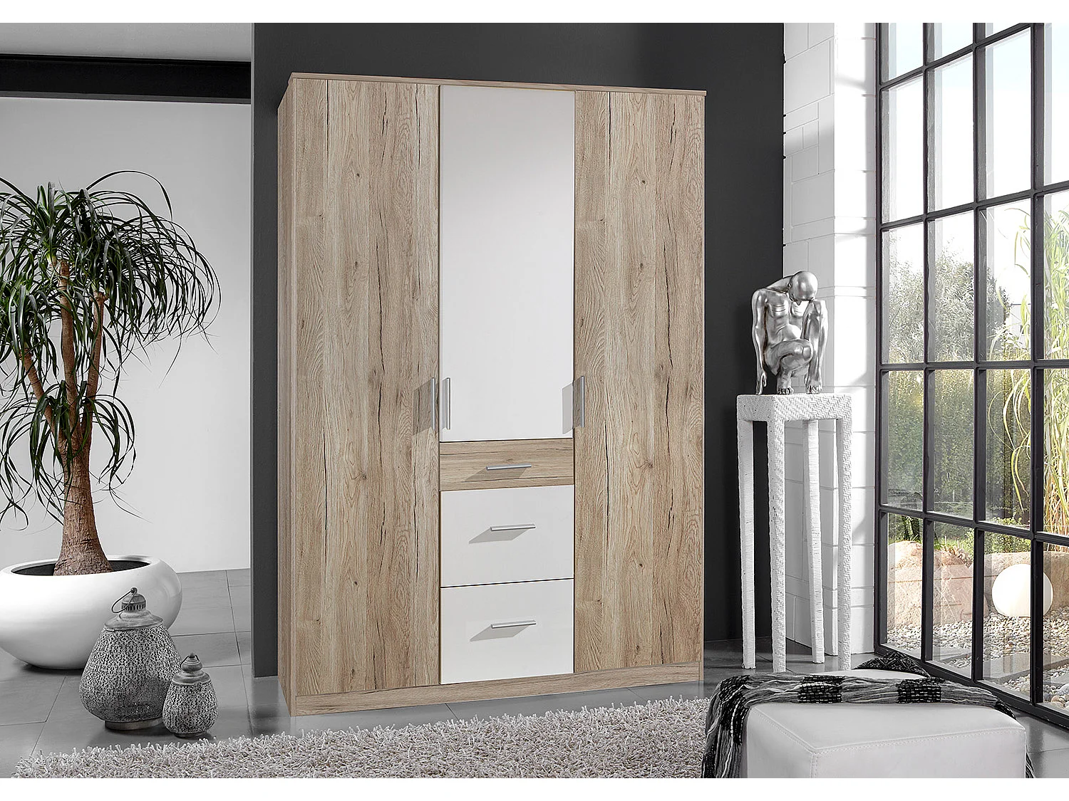 Armoire Placard, meuble de rangement Imitation chêne San Remo, rechampis blanc