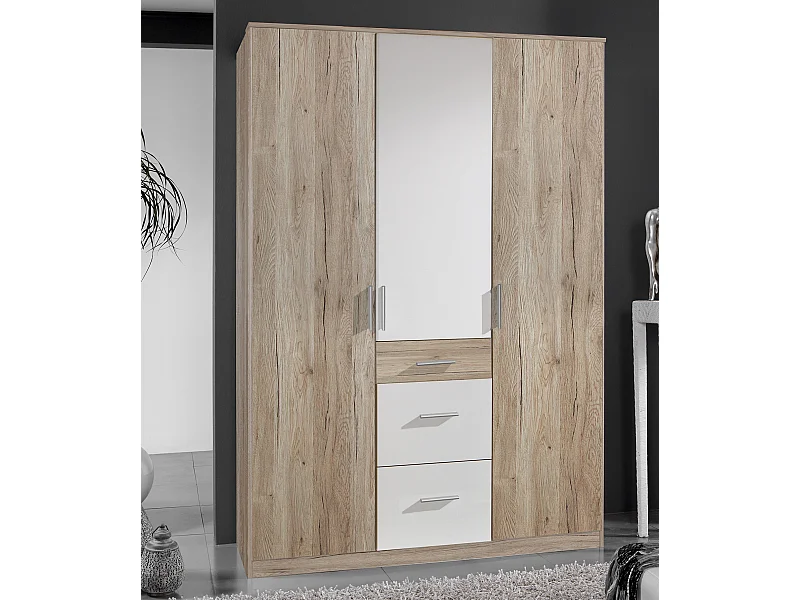 Armoire Placard, meuble de rangement Imitation chêne San Remo, rechampis blanc