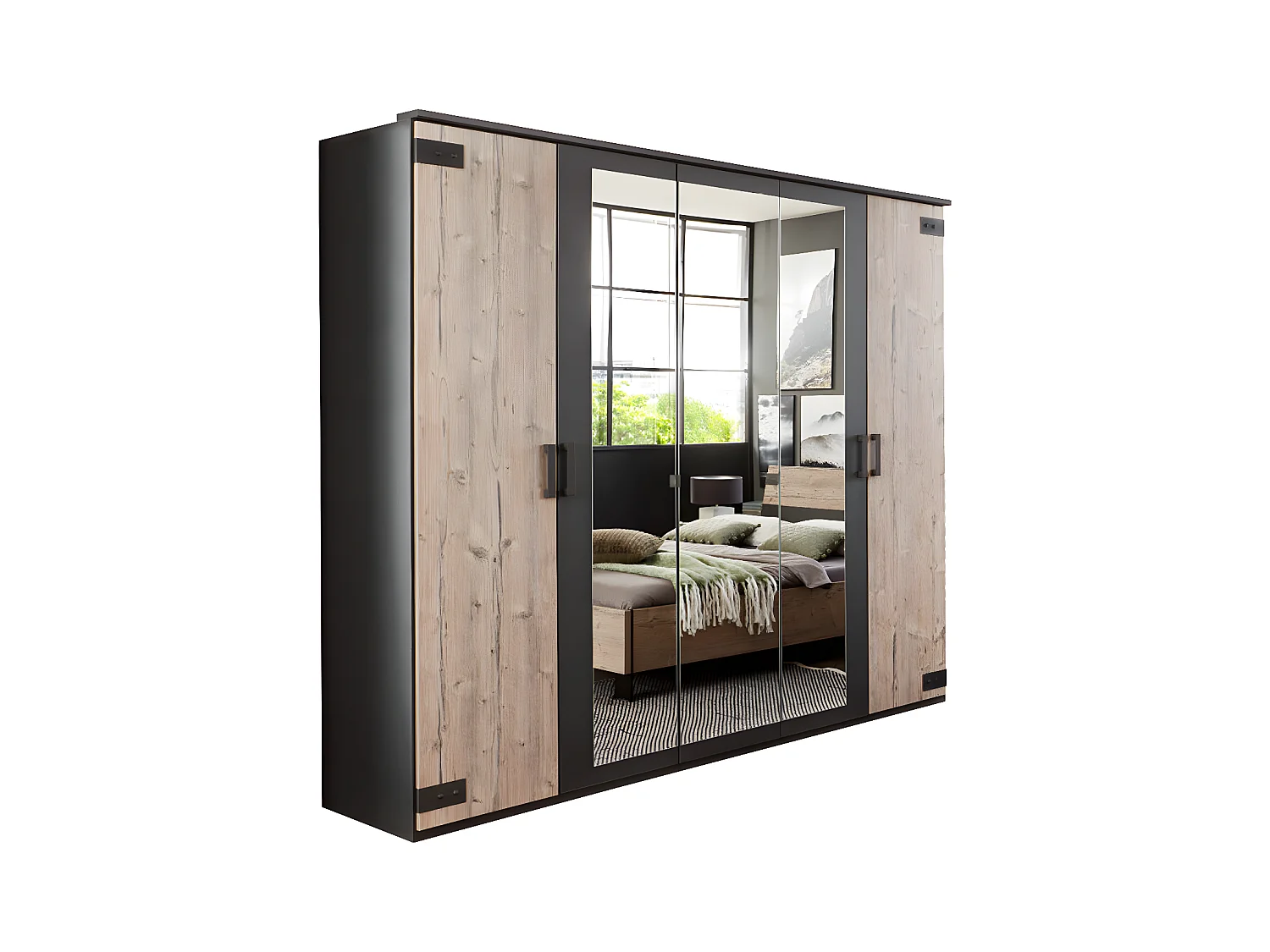 Armoire placard meuble de rangement coloris imitation chêne - L. 225 x H. 210 x P. 58 cm