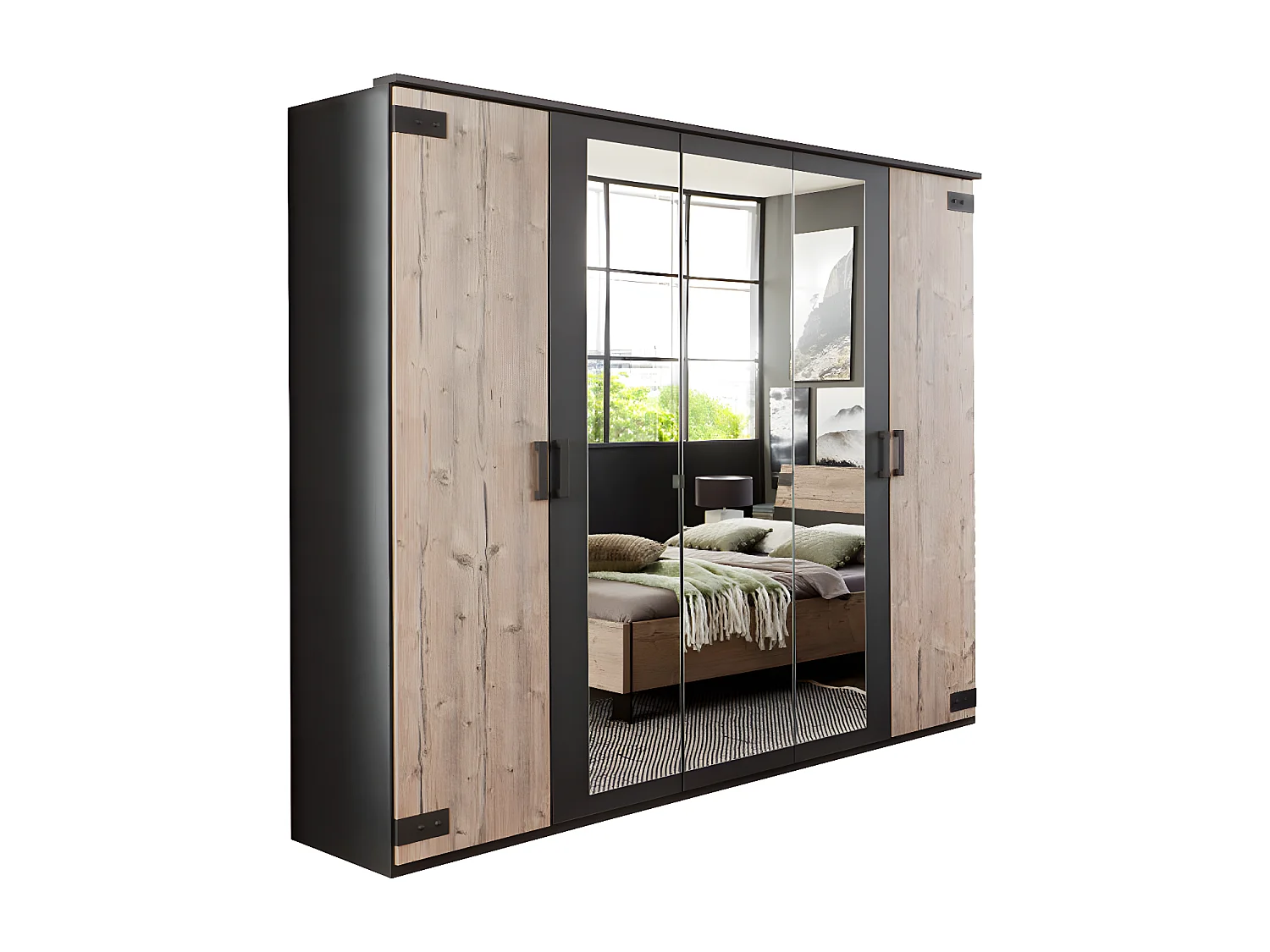 Armoire placard meuble de rangement coloris imitation chêne - L. 225 x H. 210 x P. 58 cm