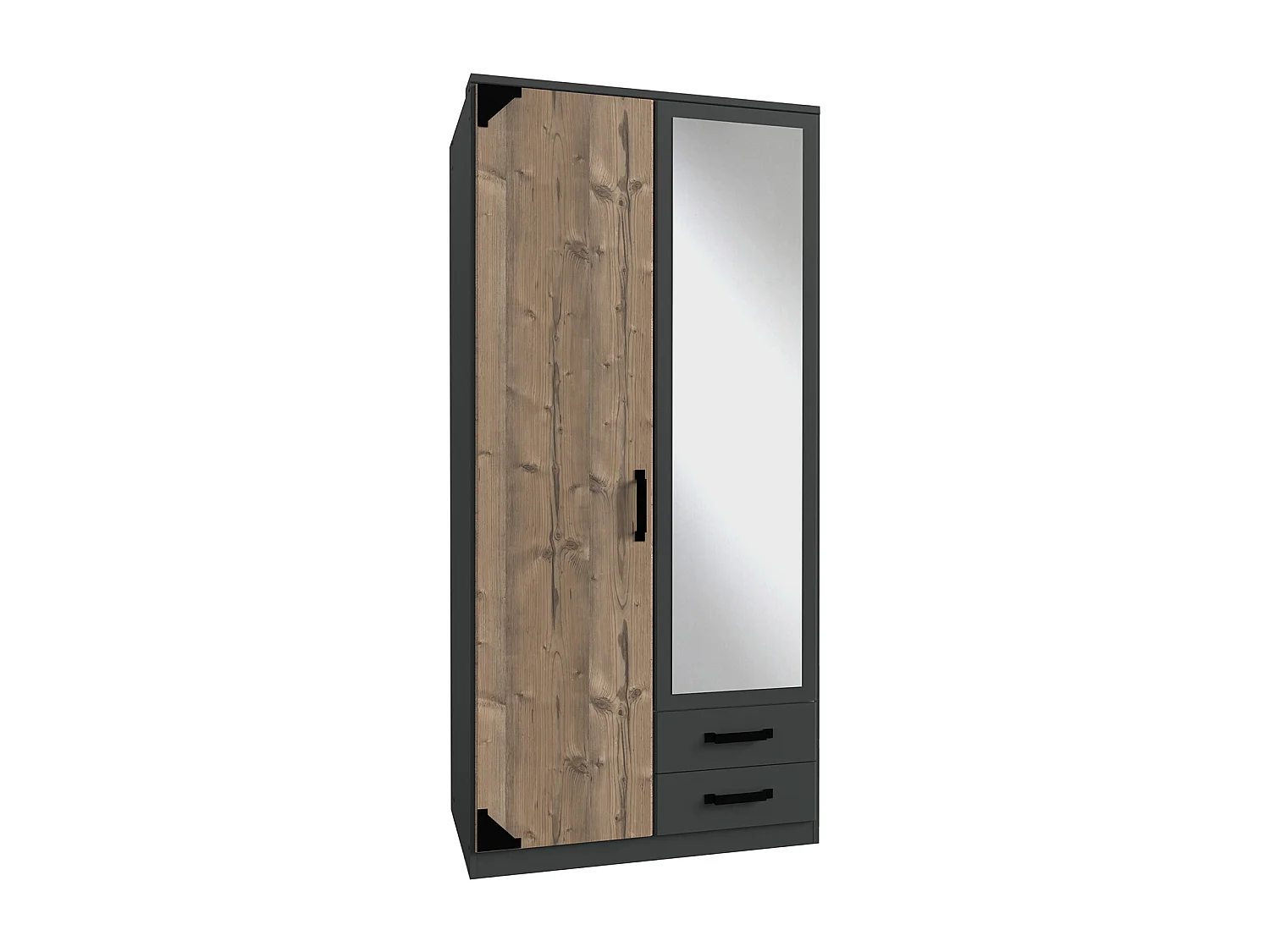 Armoire placard meuble de rangement coloris graphite/imitation chêne - L. 90 x H. 199 x P. 58 cm 
