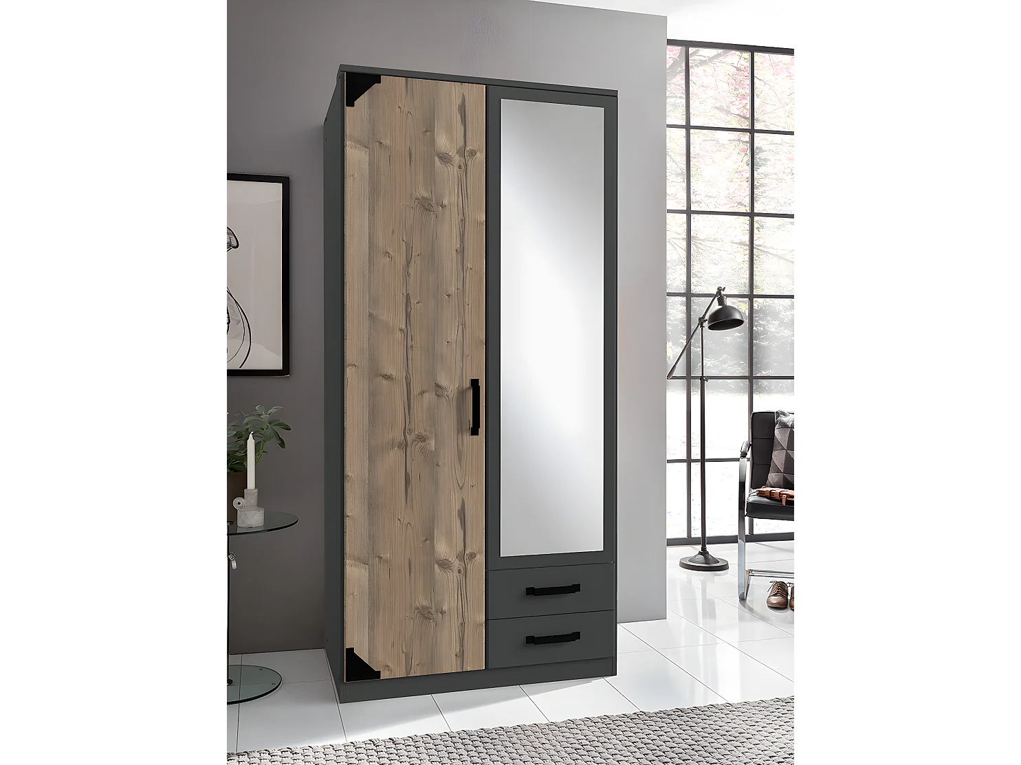 Armoire placard meuble de rangement coloris graphite/imitation chêne - L. 90 x H. 199 x P. 58 cm 