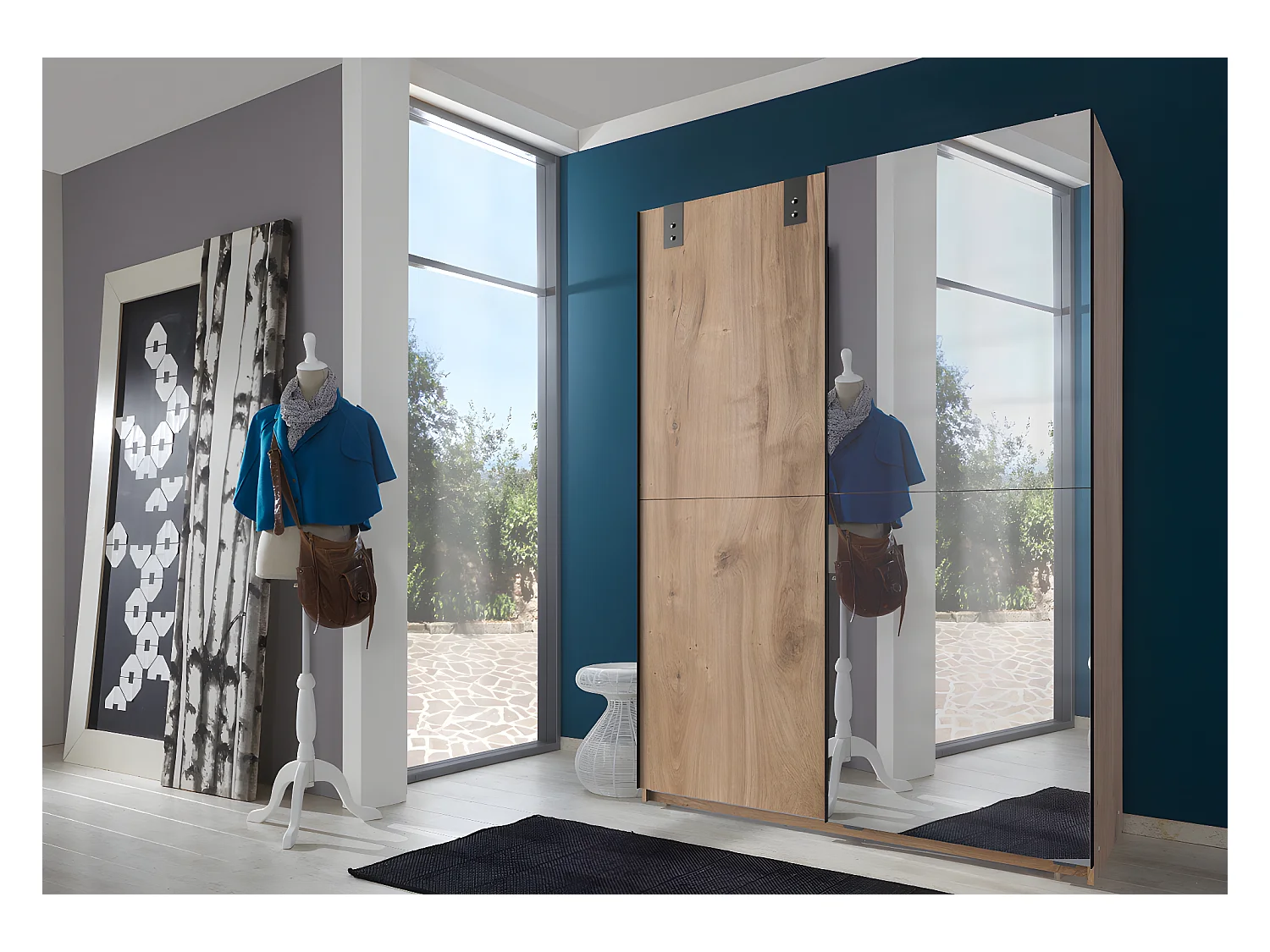 Armoire à portes coulissantes avec miroir en Imitation chêne poutre, rechampis graphite