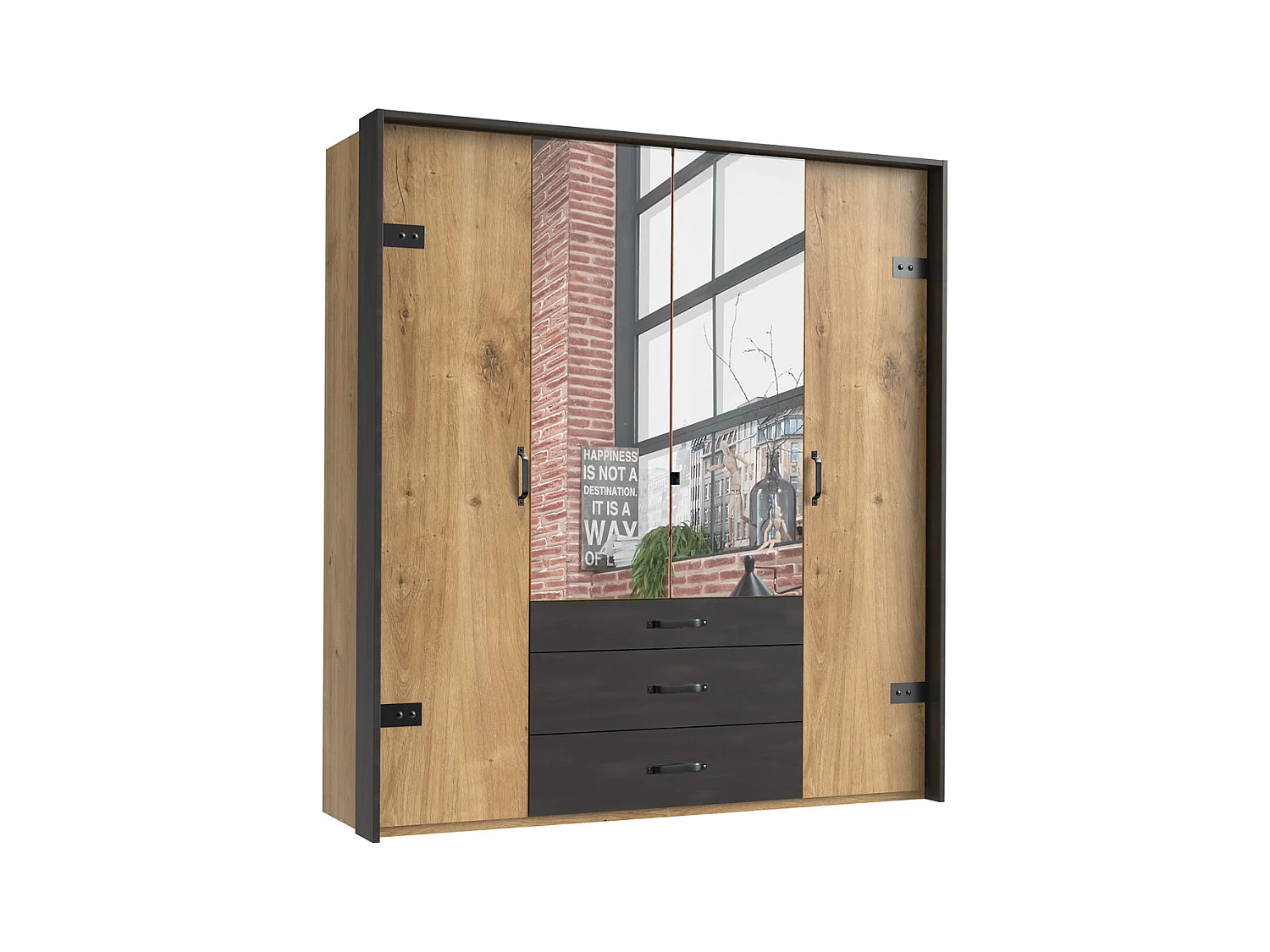 Armoire avec miroir 4 portes en chêne poutre + un cadre en couleur rechampis raw steel