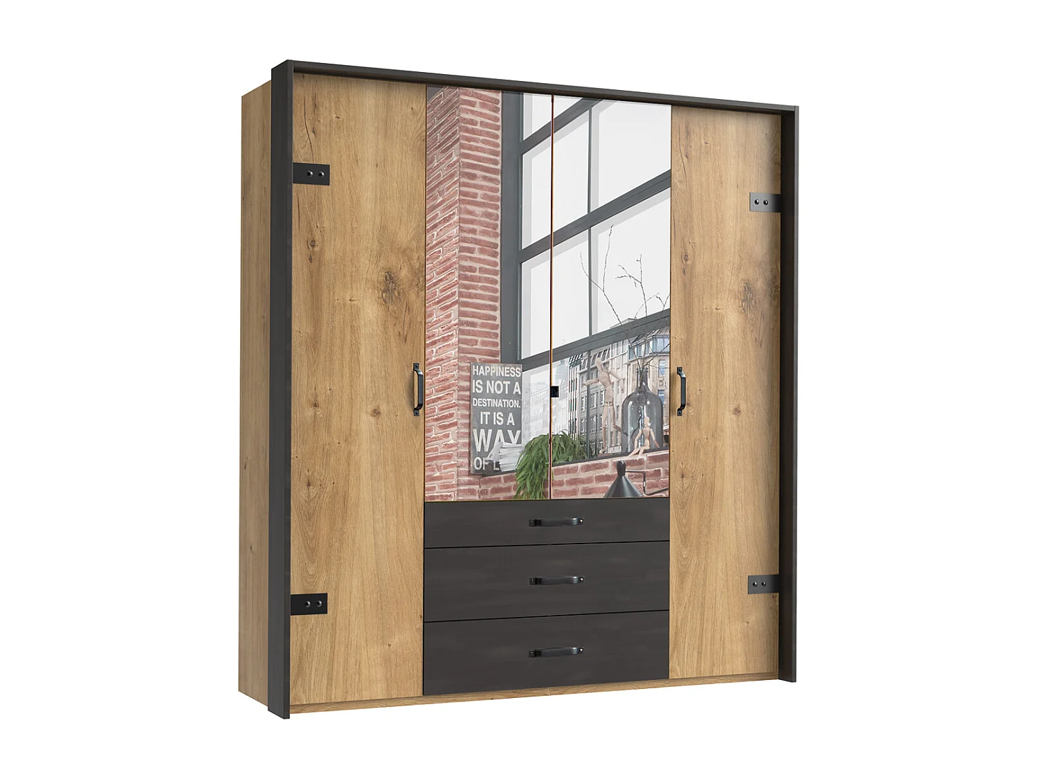 Armoire avec miroir 4 portes en chêne poutre + un cadre en couleur rechampis raw steel