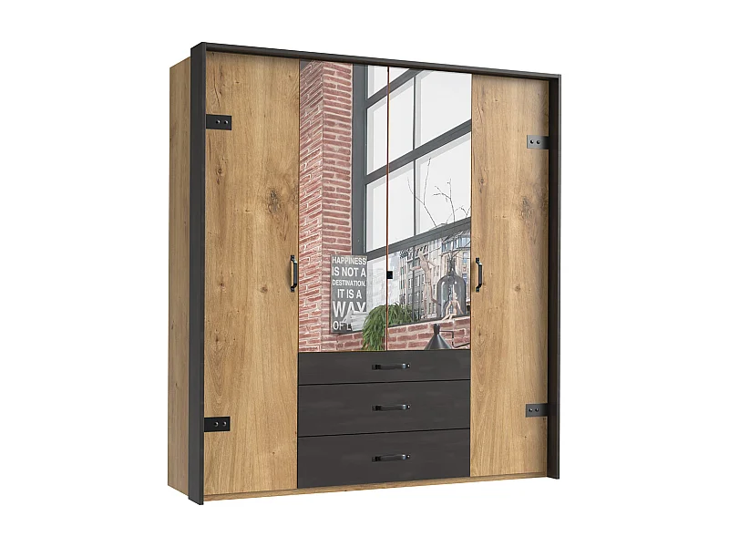 Armoire avec miroir 4 portes en chêne poutre + un cadre en couleur rechampis raw steel
