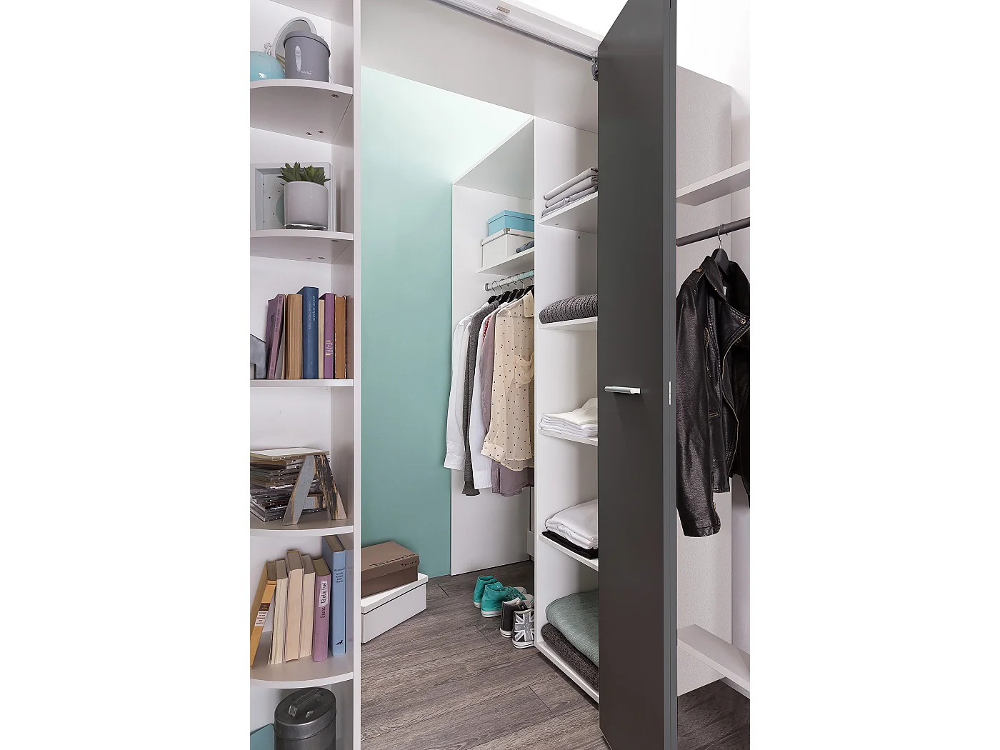 Armoire dressing placard, meuble de rangement Blanc, rechampis graphite