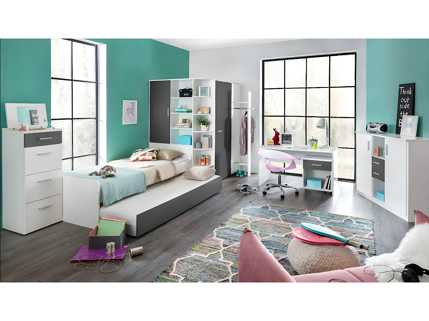 Armoire dressing placard, meuble de rangement Blanc, rechampis graphite