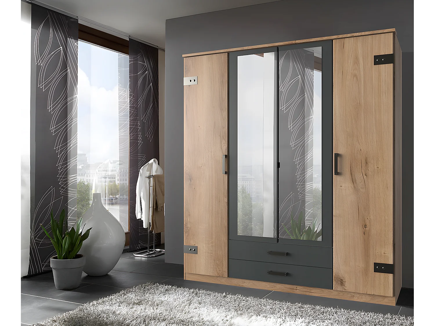 Armoire placard meuble de rangement coloris imitation chêne poutre/graphite