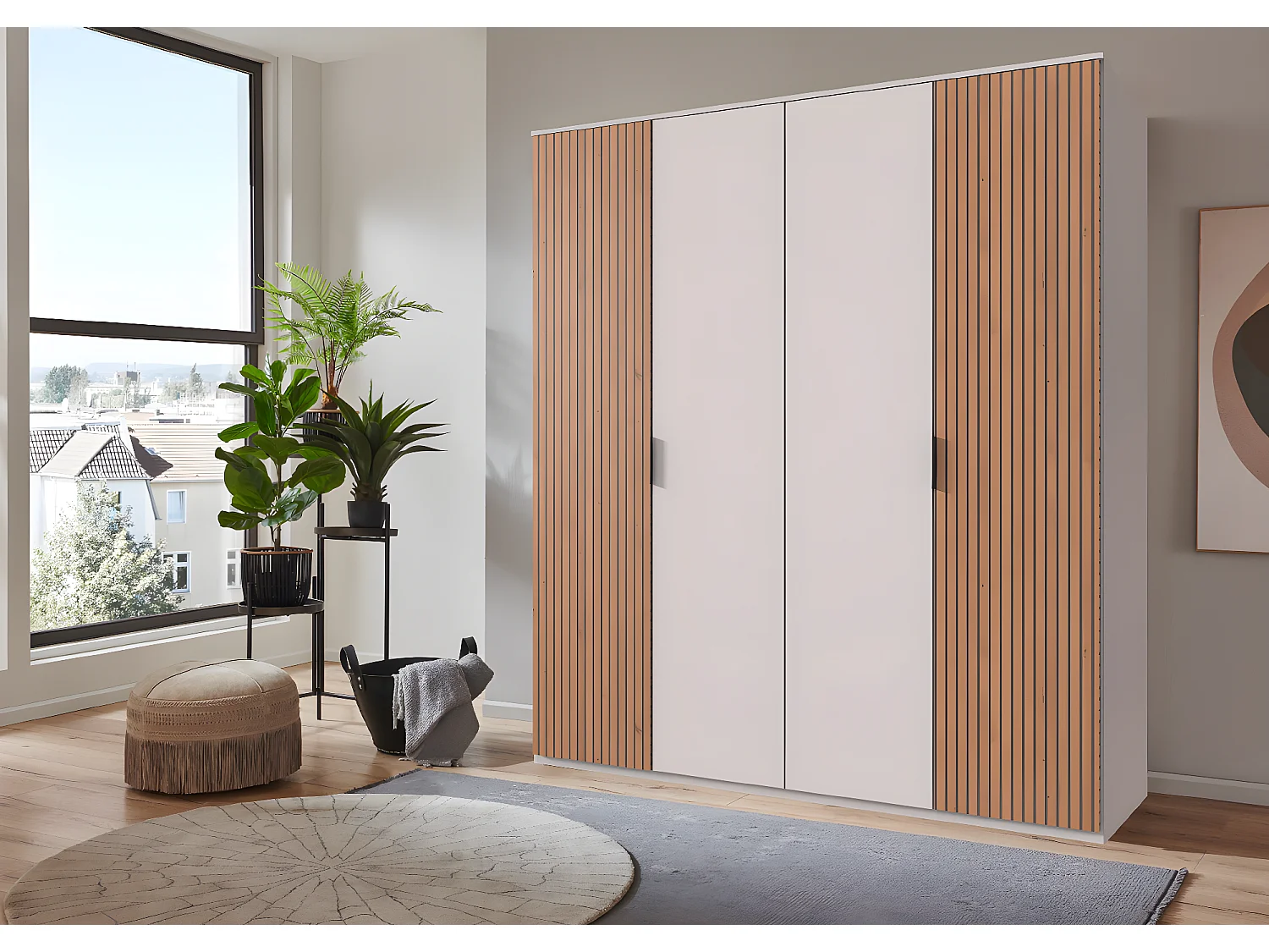 Armoire avec corniche, placard coloris blanc, rechampis, imitation chêne Artisan