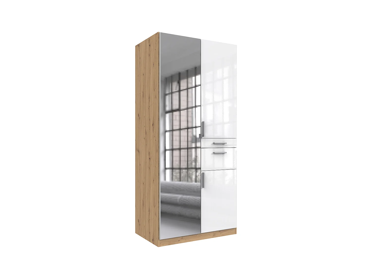 Armoire, meuble de rangement coloris blanc cassé laqué / imitation chêne Artisan