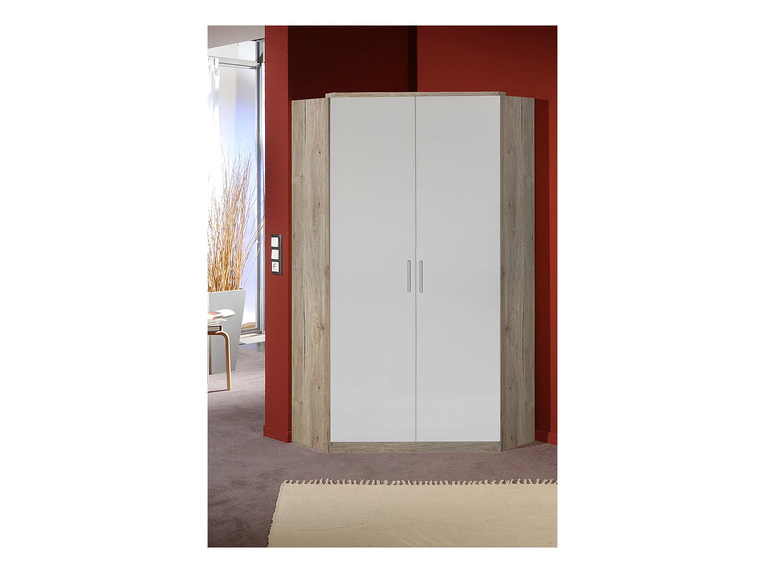 Armoire d‘angle, meuble de rangement Imitation chêne San Remo, rechampis blanc
