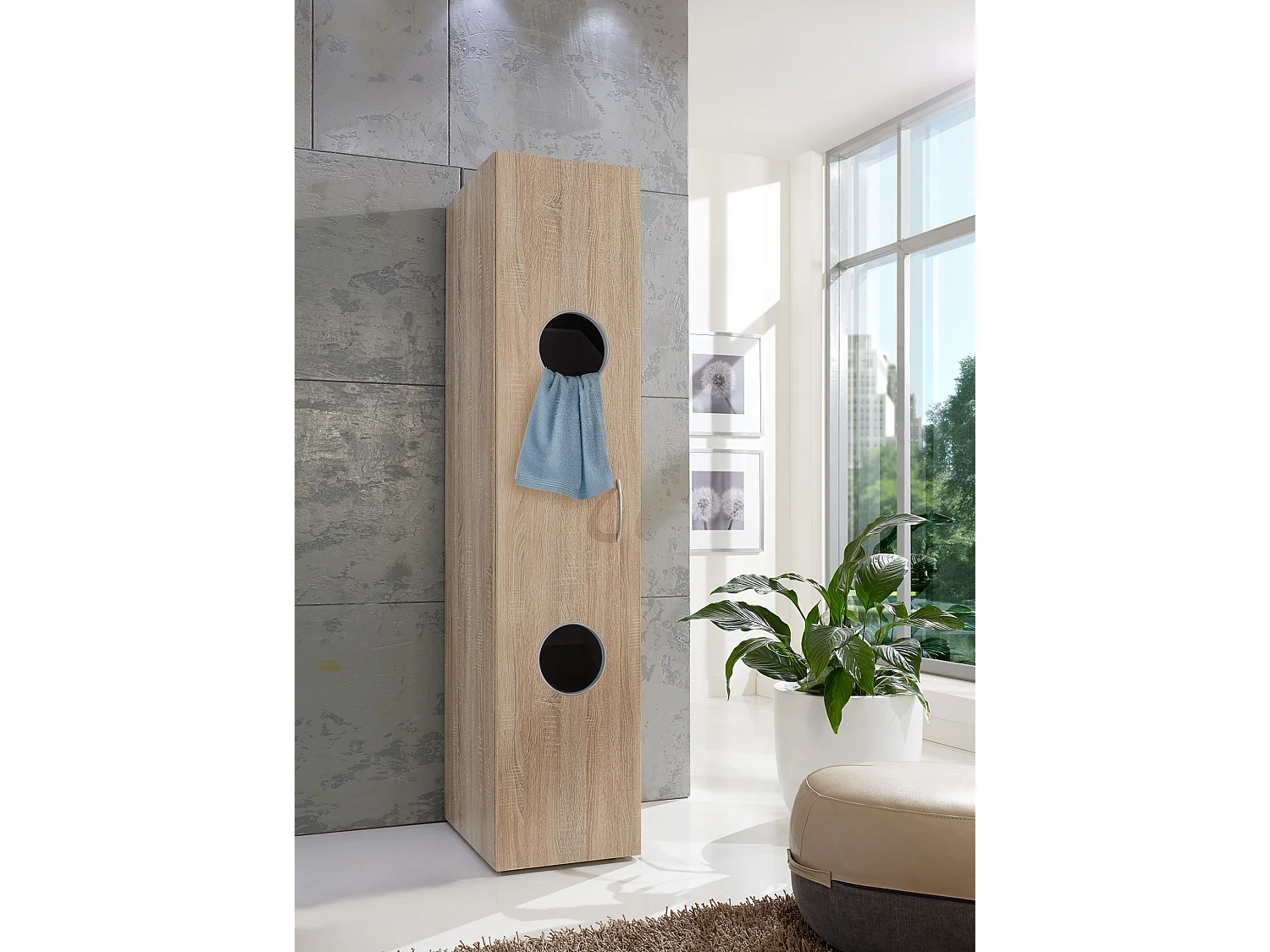 Armoire à linge avec 2 tablettes coloris Imitation chêne - L. 40 x H. 185 x P. 40 cm