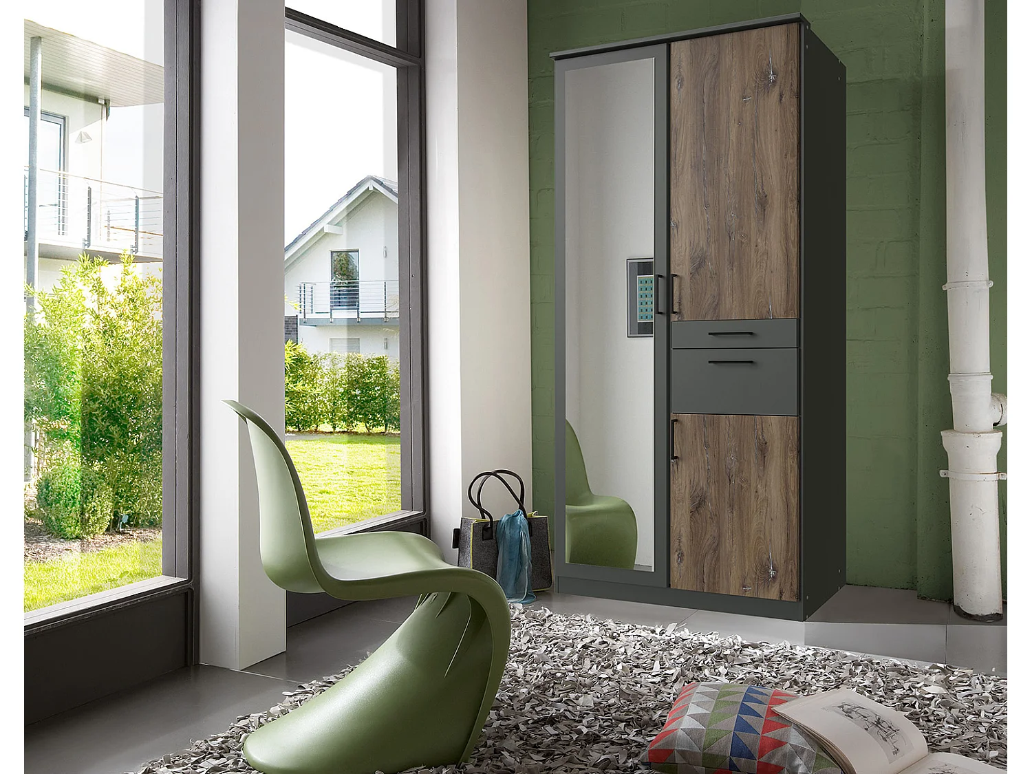 Armoire, meuble de rangement coloris imitation chêne Flagstaff, rechampis graphite