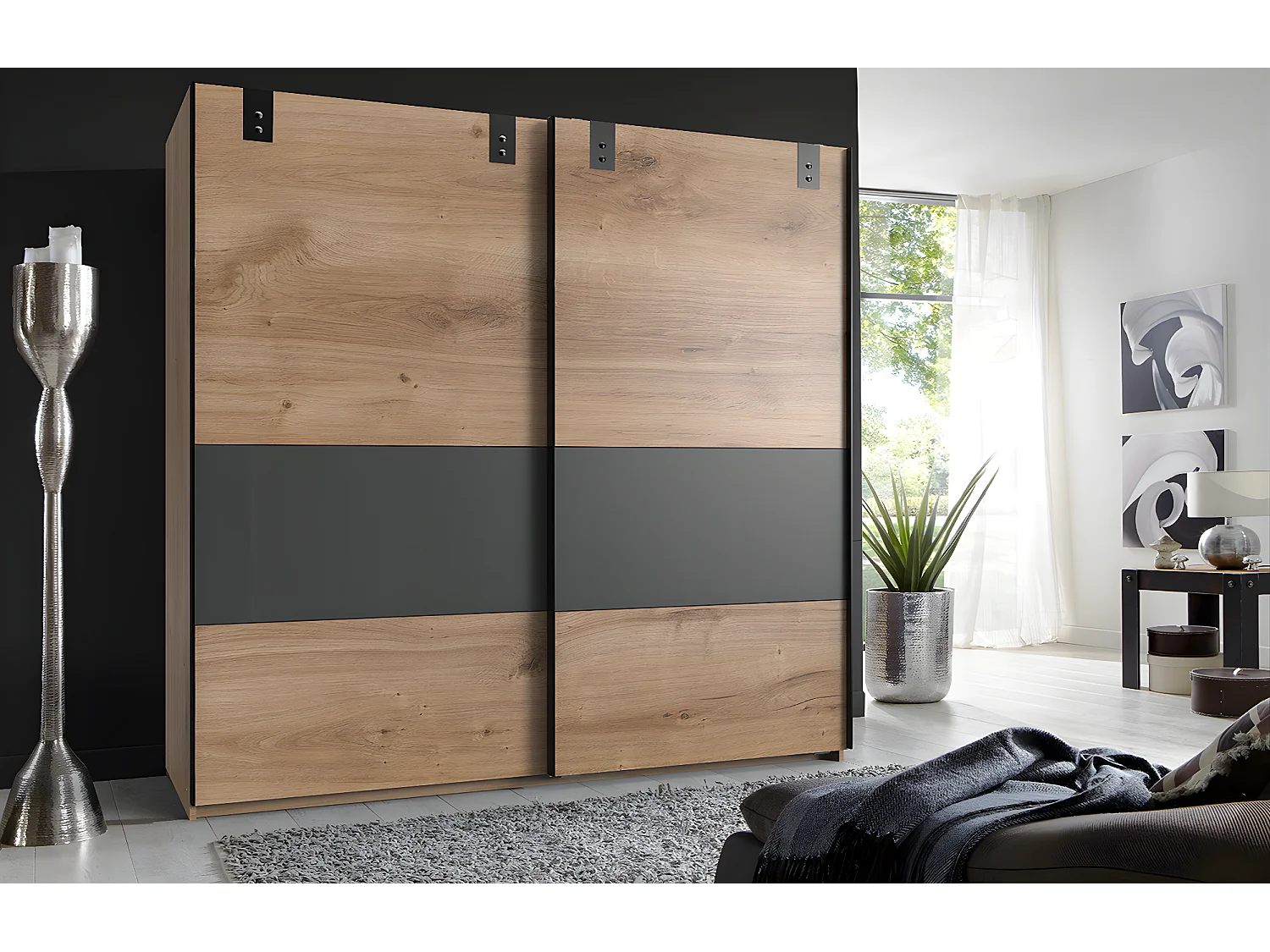 Armoire placard meuble de rangement coloris imitation chêne poutre/ graphite