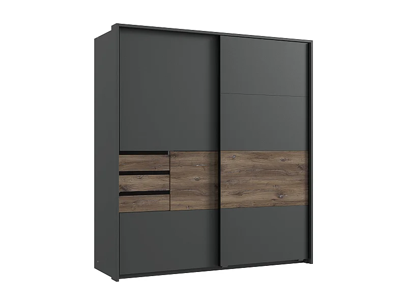 Armoire, meuble de rangement coloris graphite, rechampis imitation chêne