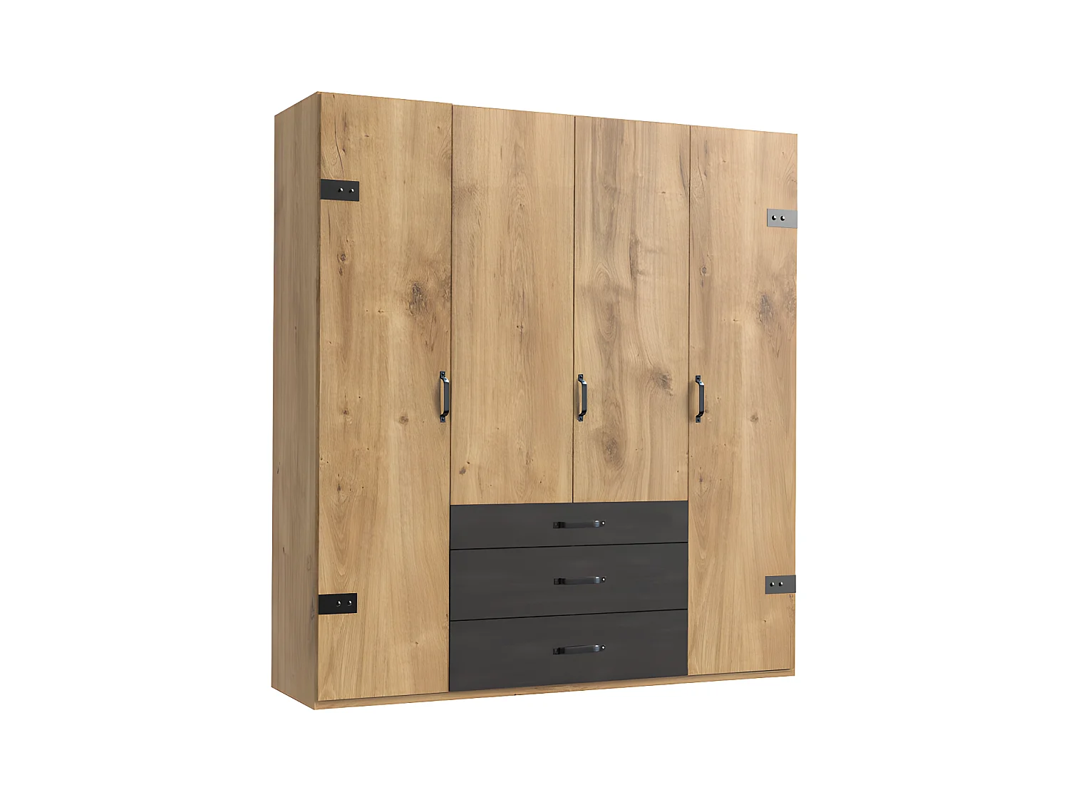 Armoire design 4 portes Imitation chêne poutre rechampis raw steel - L200 x H216 x P58 cm