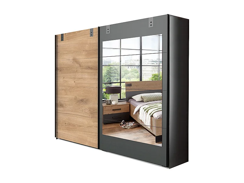 Armoire placard meuble de rangement coloris chêne foncé - L. 225 x H. 210 x P. 65 cm