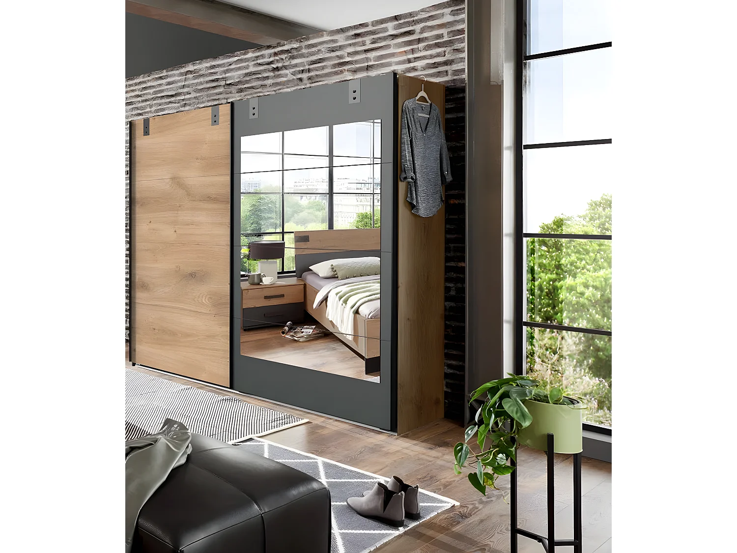 Armoire placard meuble de rangement coloris chêne foncé - L. 225 x H. 210 x P. 65 cm