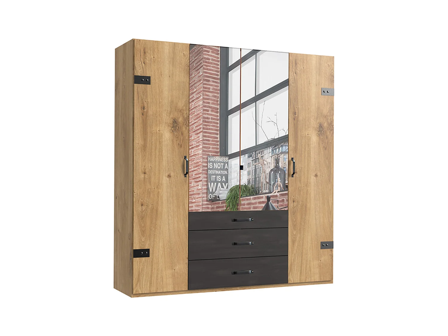 Armoire avec miroir 4 portes Imitation chêne poutre rechampis raw steel - L200 x H216 x P58 cm