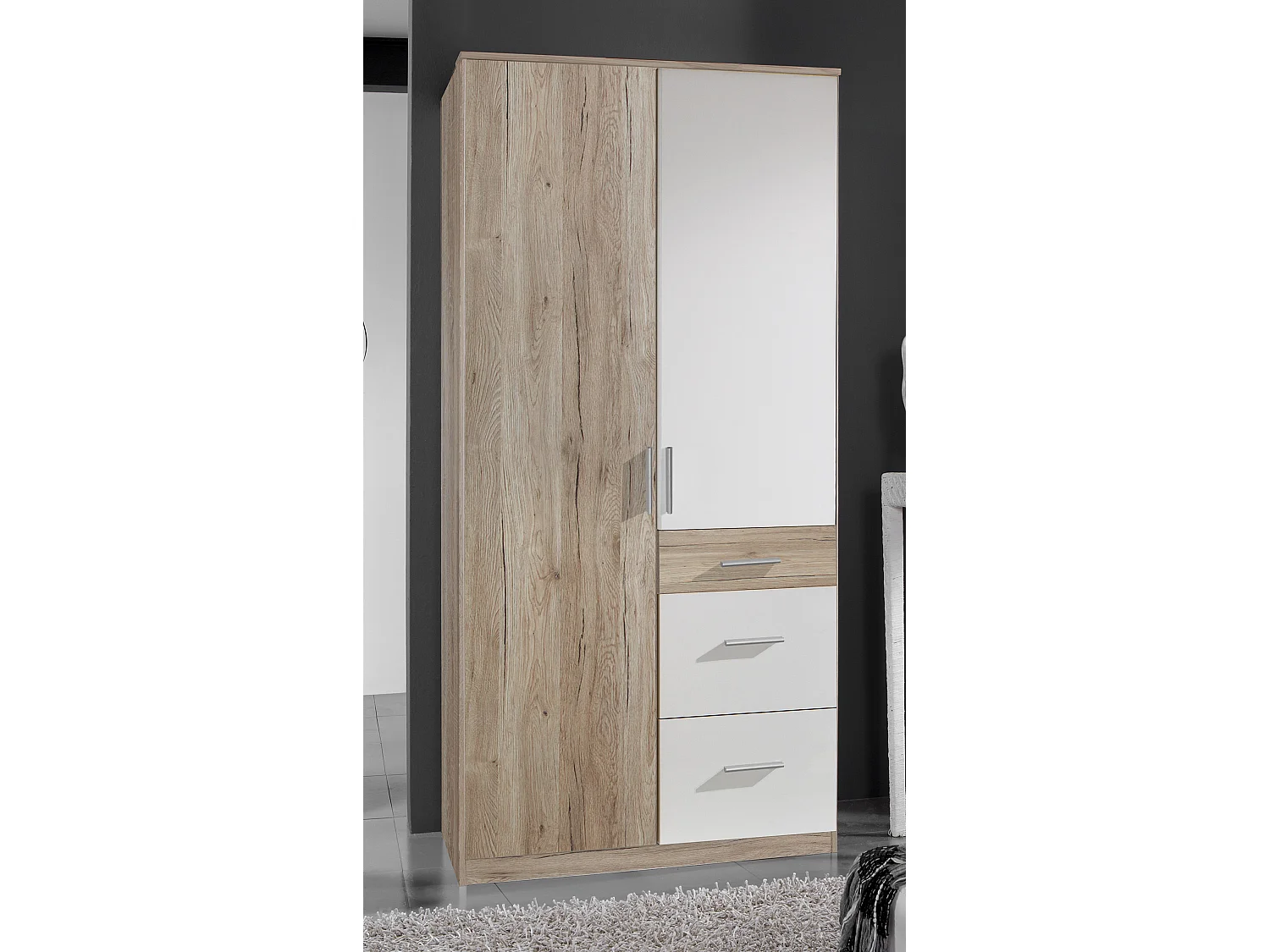 Armoire Placard, meuble de rangement Imitation chêne San Remo, rechampis blanc