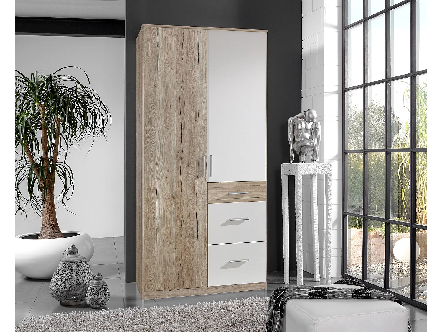 Armoire Placard, meuble de rangement Imitation chêne San Remo, rechampis blanc