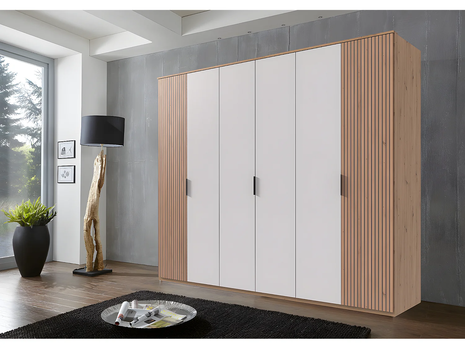 Armoire avec corniche, placard coloris blanc, imitation chêne Artisan - L. 270 x H. 210 x P. 58 cm 