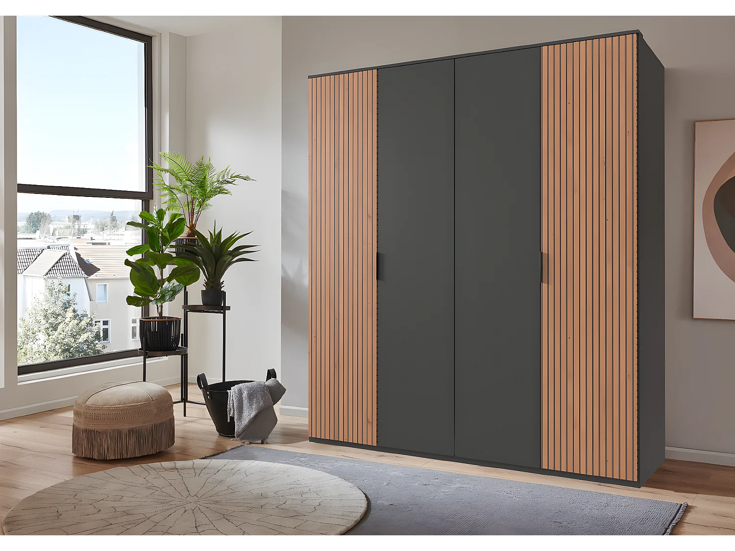 Armoire avec corniche, placard coloris graphite, imitation chêne Artisan