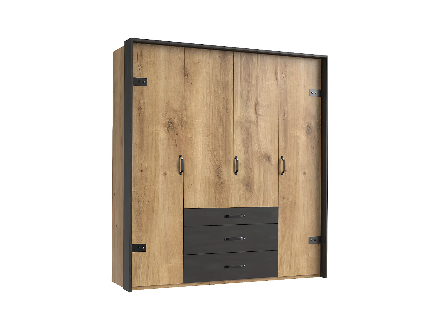 Armoire design en chêne poutre avec un cadre en couleur rechampis raw steel - L200 x H216 x P58 cm