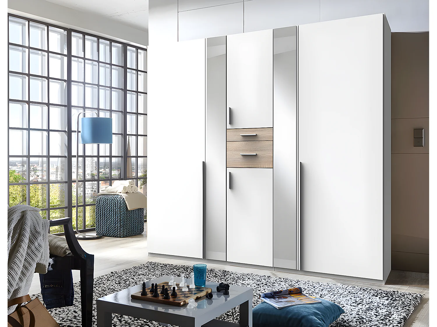 Armoire placard meuble de rangement coloris blanc/imitation chêne - L. 225 x P. 58 x H. 208 cm