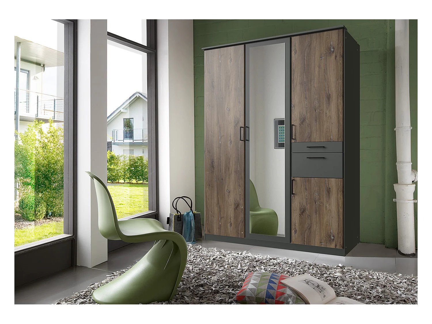 Armoire, meuble de rangement coloris imitation chêne Flagstaff, rechampis graphite