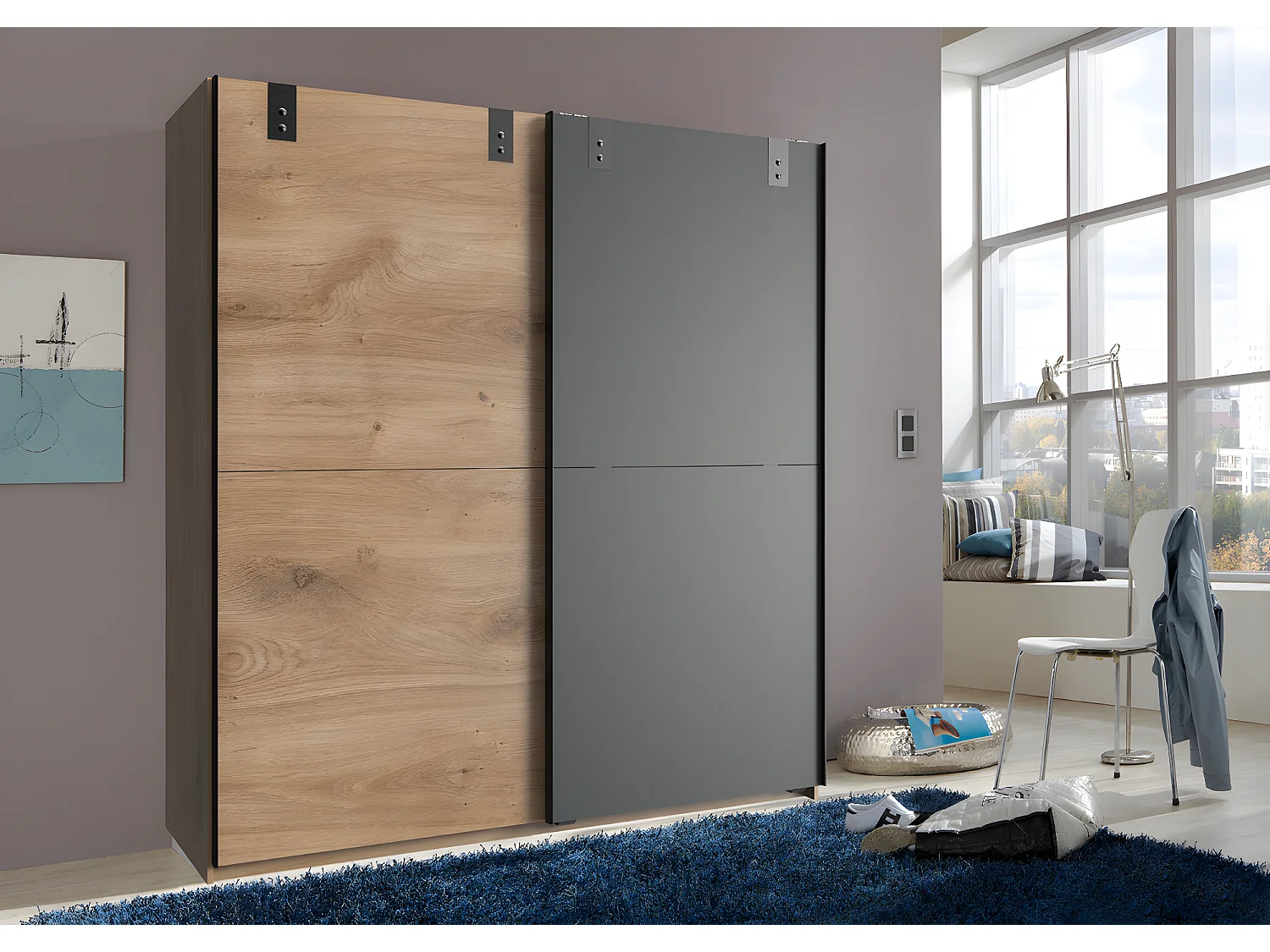 Armoire à portes coulissantes en Imitation chêne poutre, rechampis graphite - L180 x H198 x P64 cm