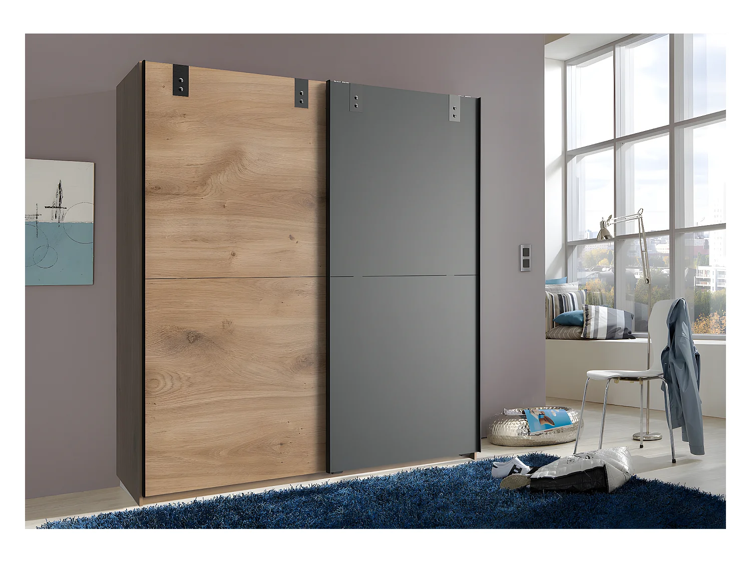 Armoire à portes coulissantes en Imitation chêne poutre, rechampis graphite - L180 x H198 x P64 cm