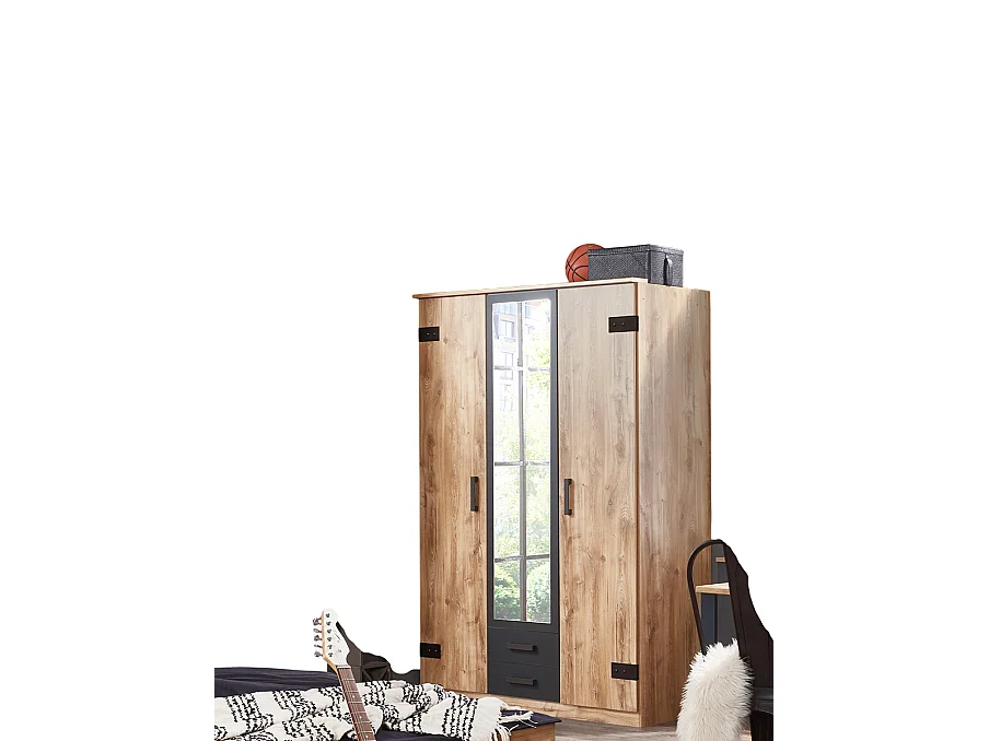 Armoire Imitation chêne poutre, rechampis graphite - L 135 x H 198 x P 58 cm