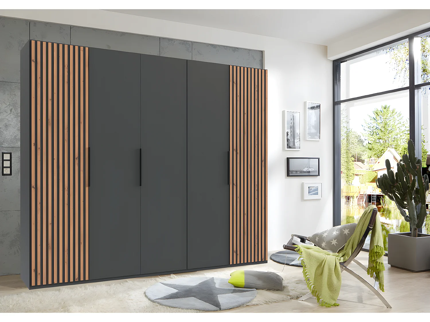 Armoire, placard coloris graphite, imitation chêne Artisan - L. 250 x H. 216 x P. 58 cm 