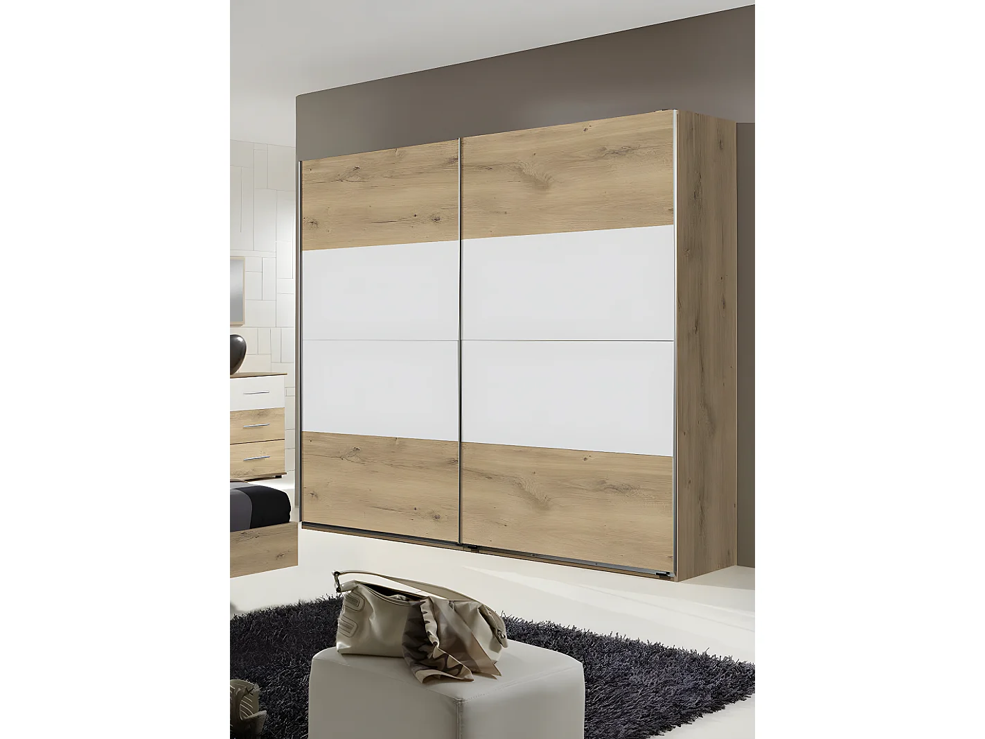 Armoire placard meuble de rangement coloris imitation chêne poutre/blanc