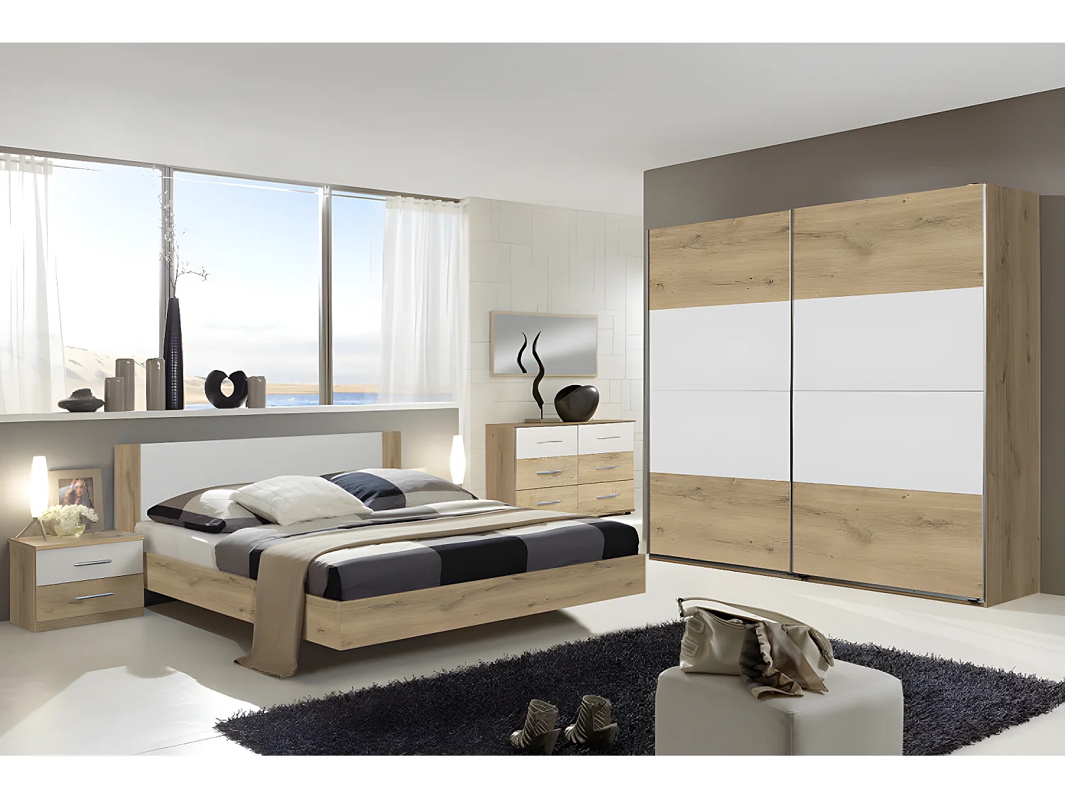 Armoire placard meuble de rangement coloris imitation chêne poutre/blanc