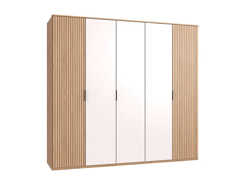 Armoire avec corniche, placard coloris blanc, imitation chêne Artisan - L. 225 x H. 210 x P. 58 cm 