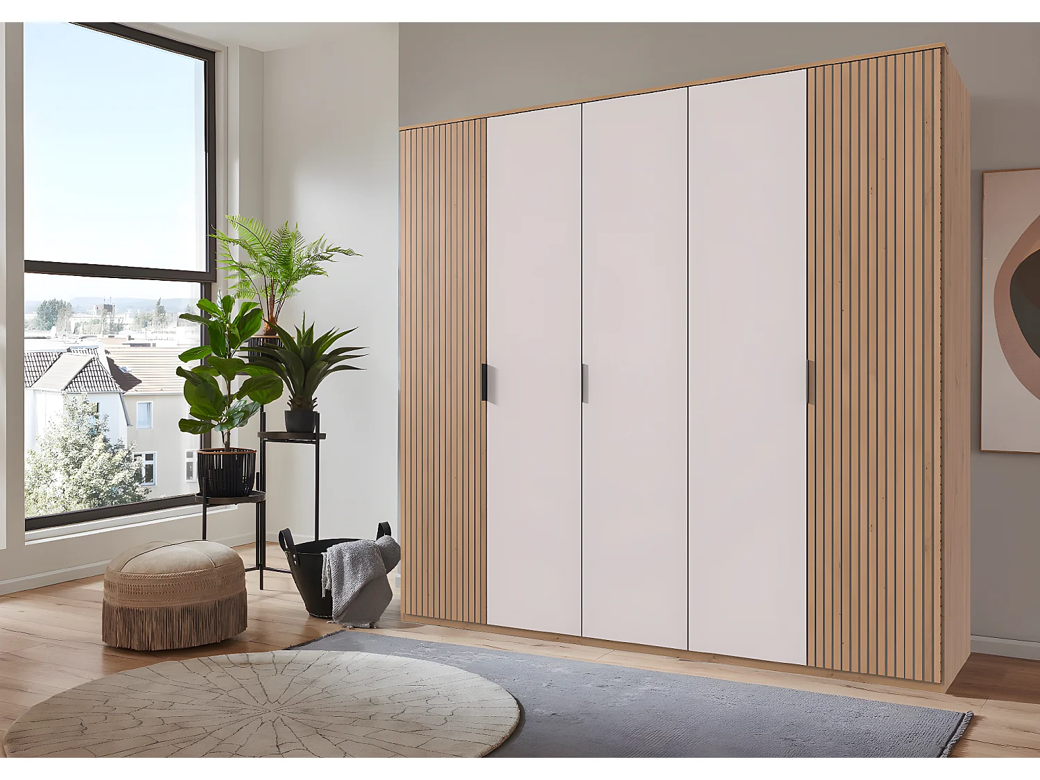 Armoire avec corniche, placard coloris blanc, imitation chêne Artisan - L. 225 x H. 210 x P. 58 cm 