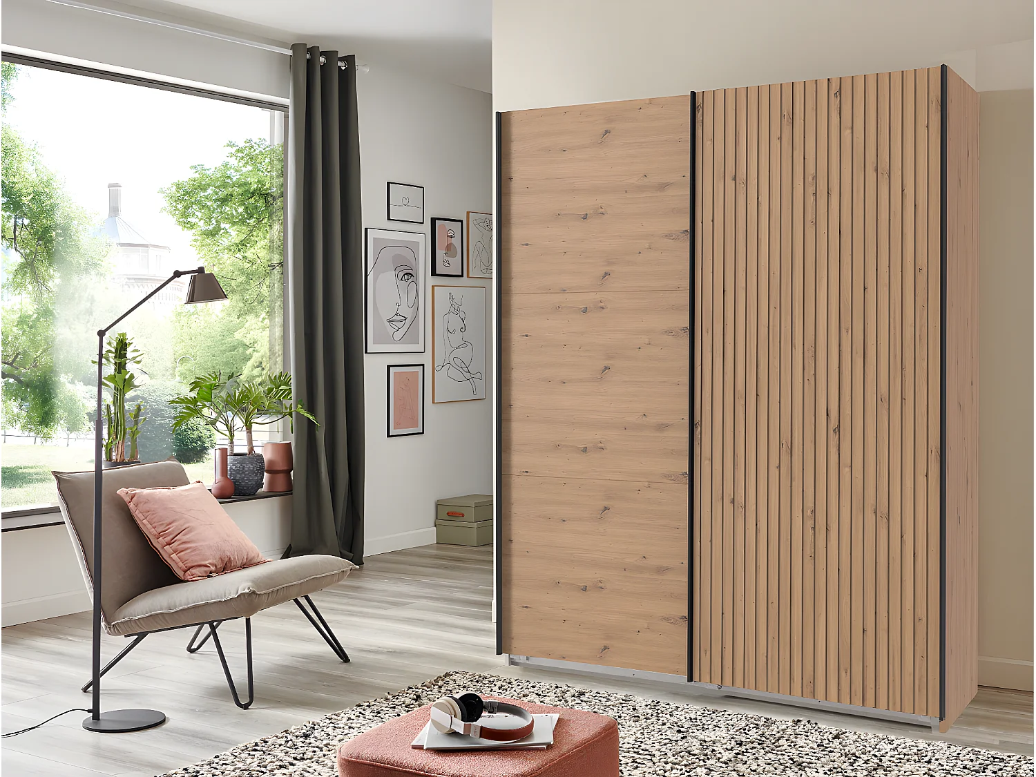 Armoire à portes coulissantes coloris imitation chêne Artisan - L. 200 x H. 216 x P. 65 cm 