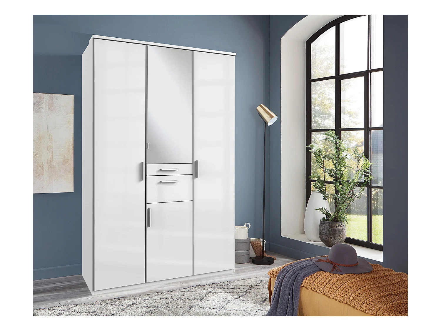 Armoire avec corniche + miroir coloris blanc laqué cassé, corps blanc - L. 135 x H. 199 x P. 58 cm 