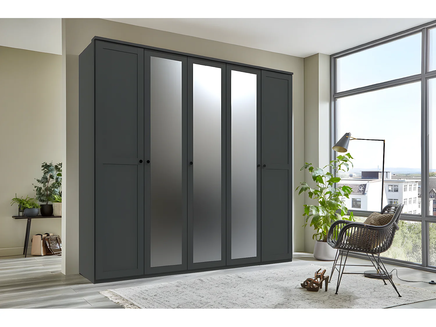 Armoire, placard avec corniche + 3 miroirs coloris Graphite - L. 225 x H. 210 x P. 58 cm