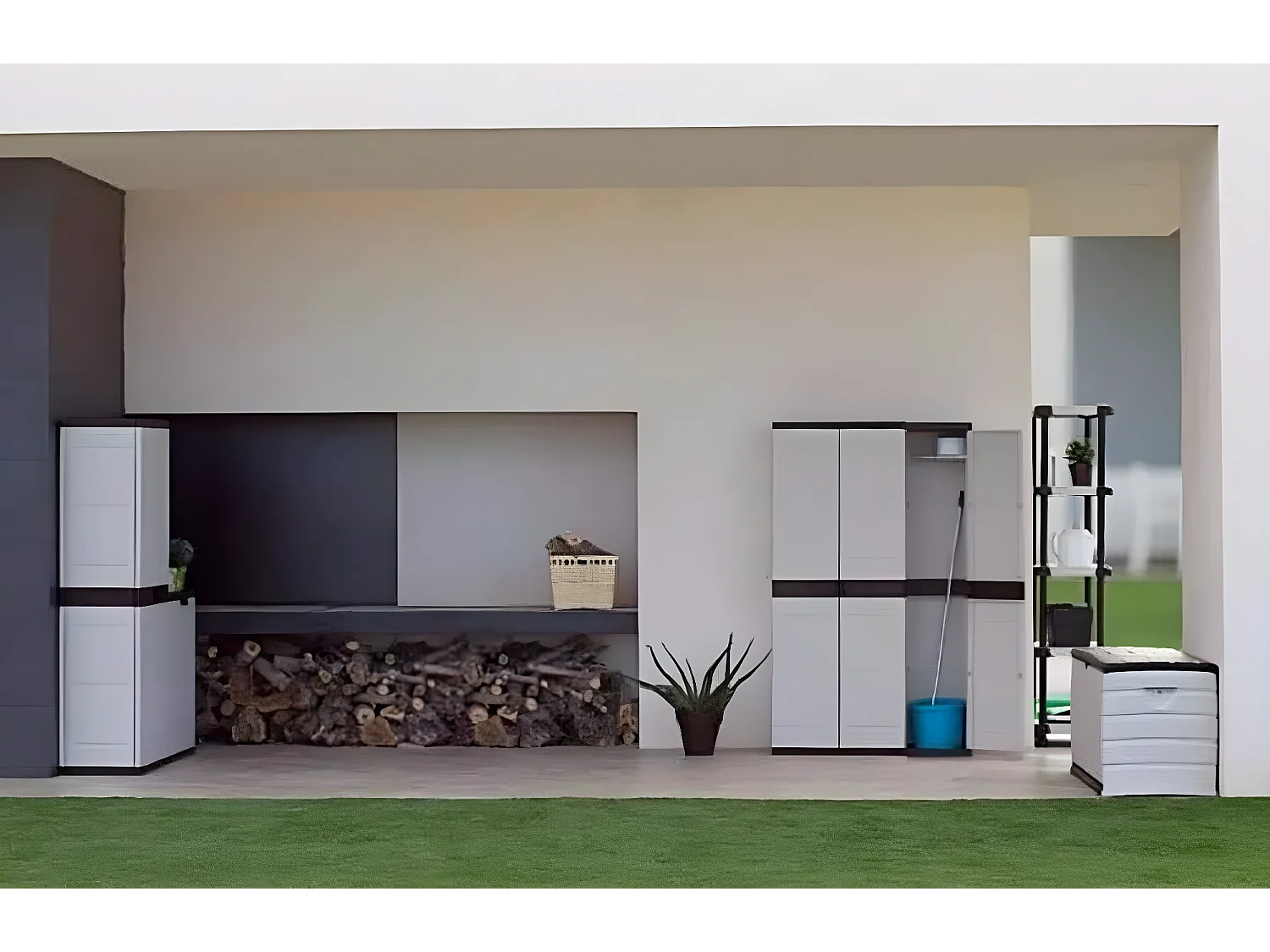 Armoire meuble de rangement 2 portes intérieur/extérieur coloris noir/taupe