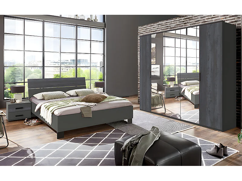 Chambre à coucher complète adulte (lit 180x200cm + 2 chevets + armoire) coloris gris foncé